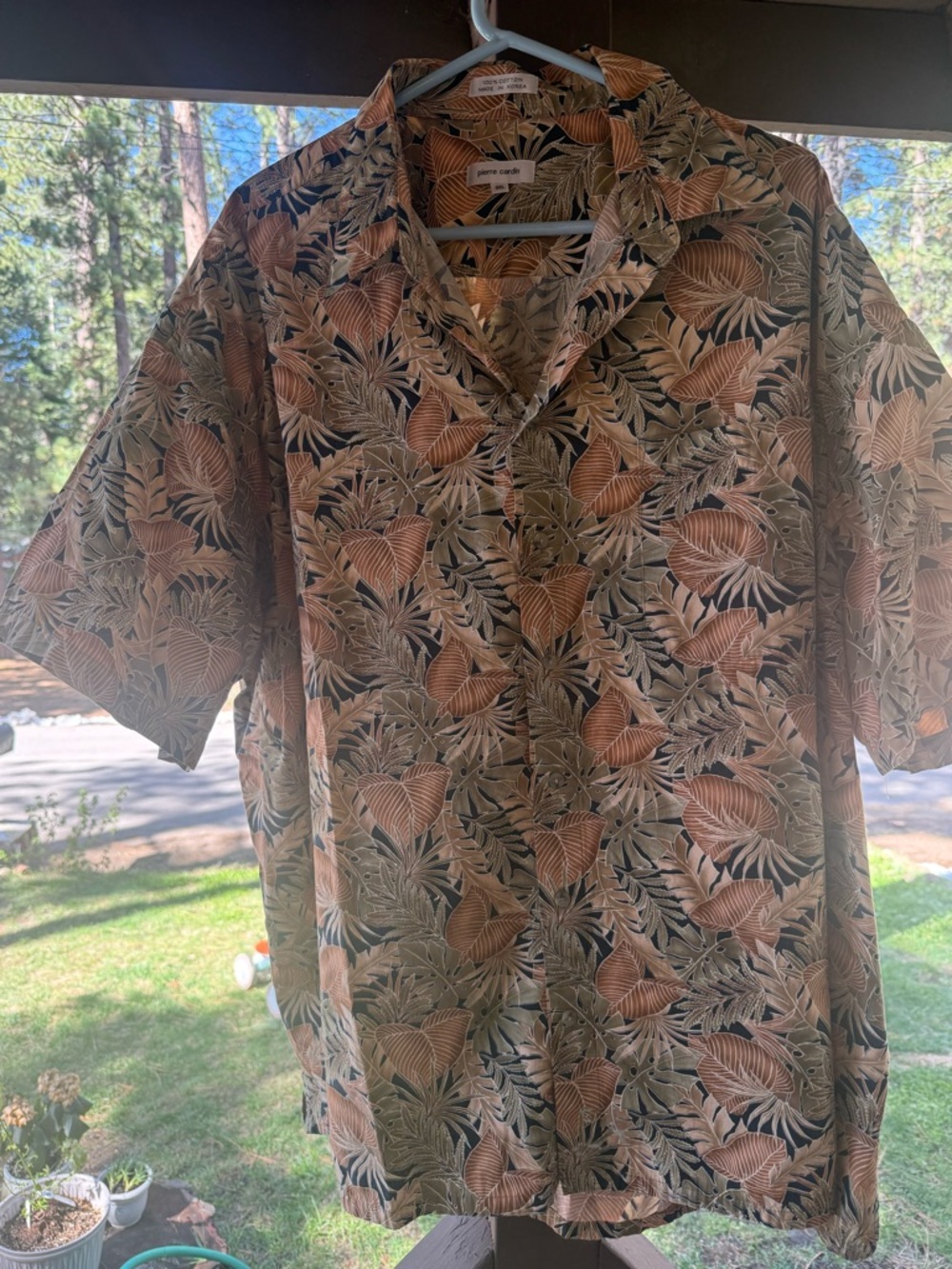 Pierre Cardin Olive Green and Tan Tropical Leaf Print Button-Down Shirt